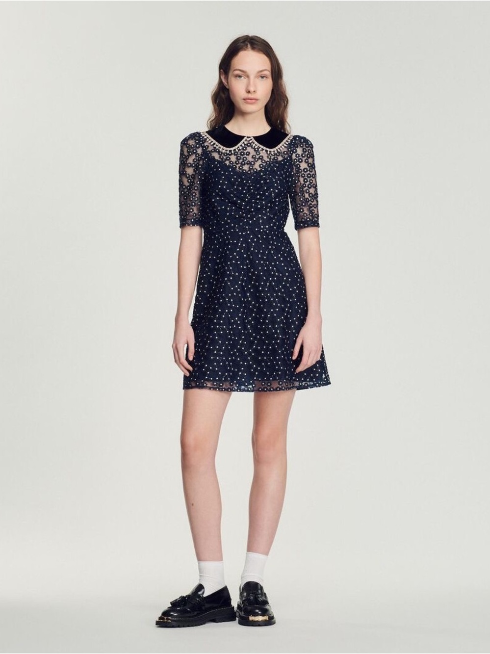 Sandro Navy Lace Peter Pan Collar Embellished Mini Dress